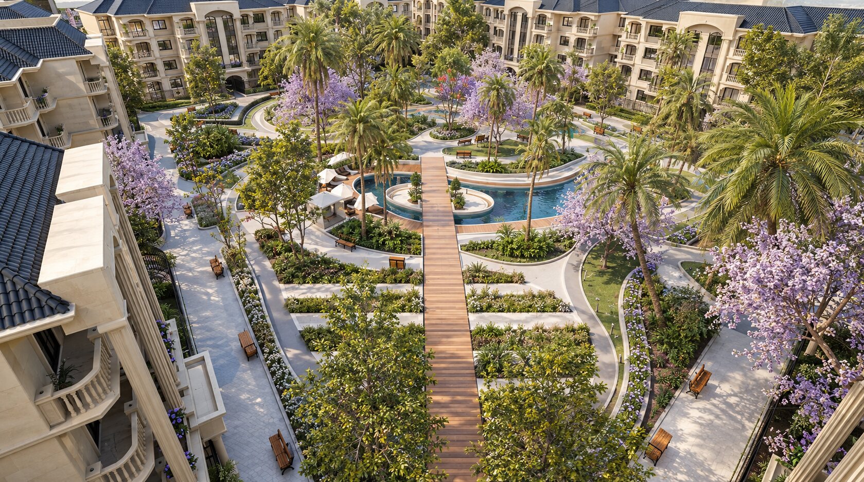 Exterior CGI render, facade with blossom trees