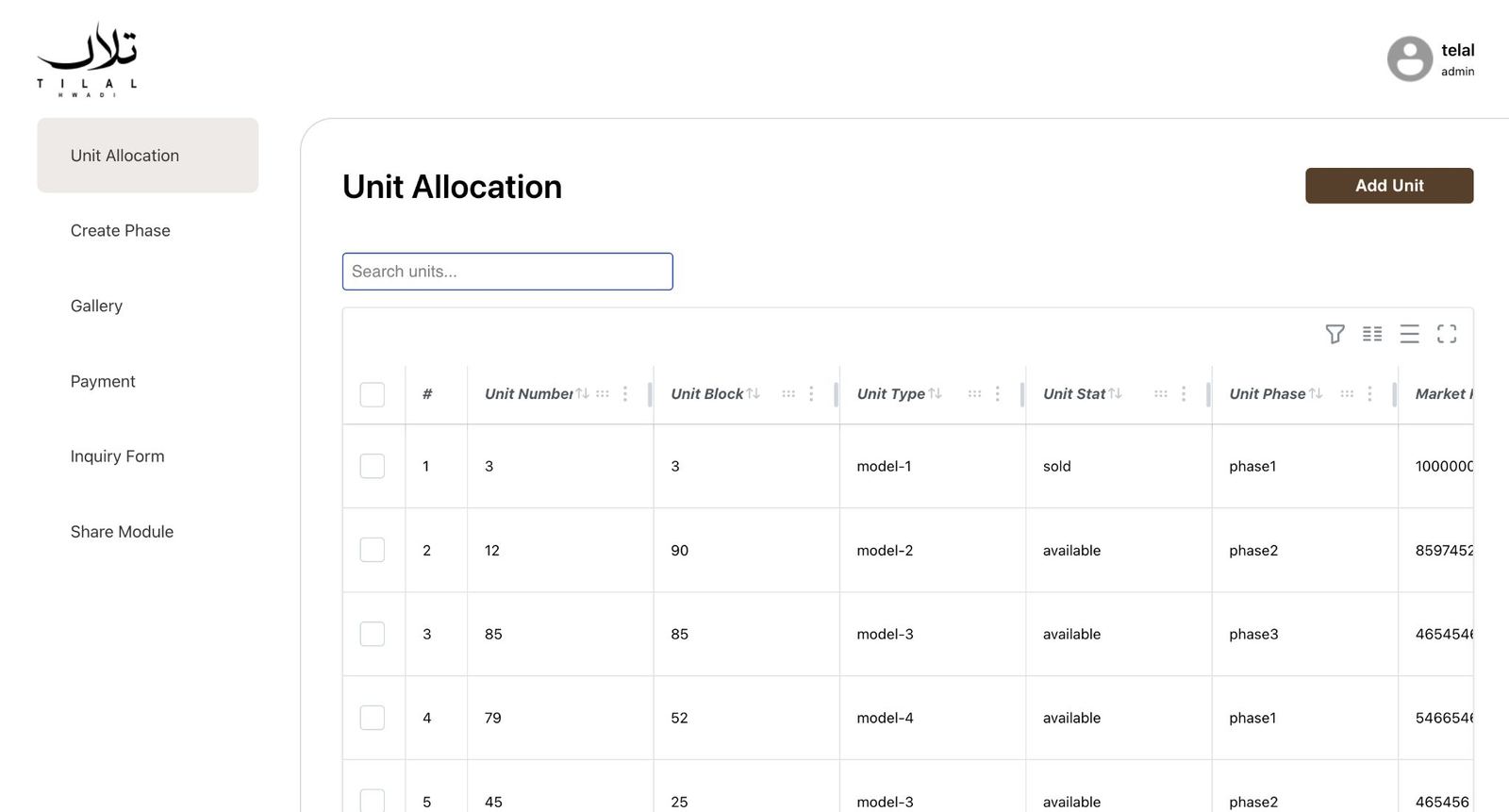 Tilal admin dashboard, unit allocation table